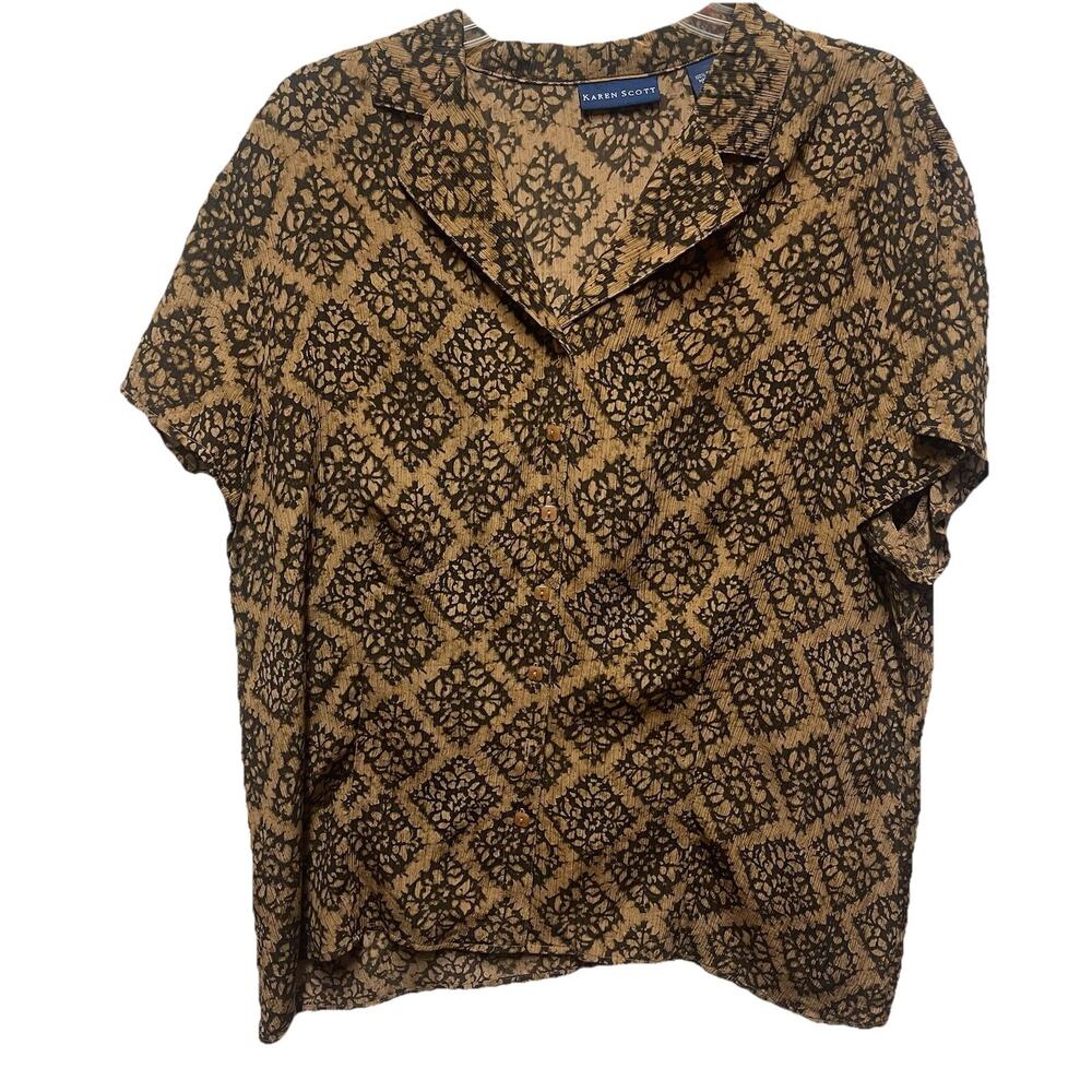 Karen Scott XL Womens Silk Button-Up Shirt Short Sleeve Diamonds Flowers Shear